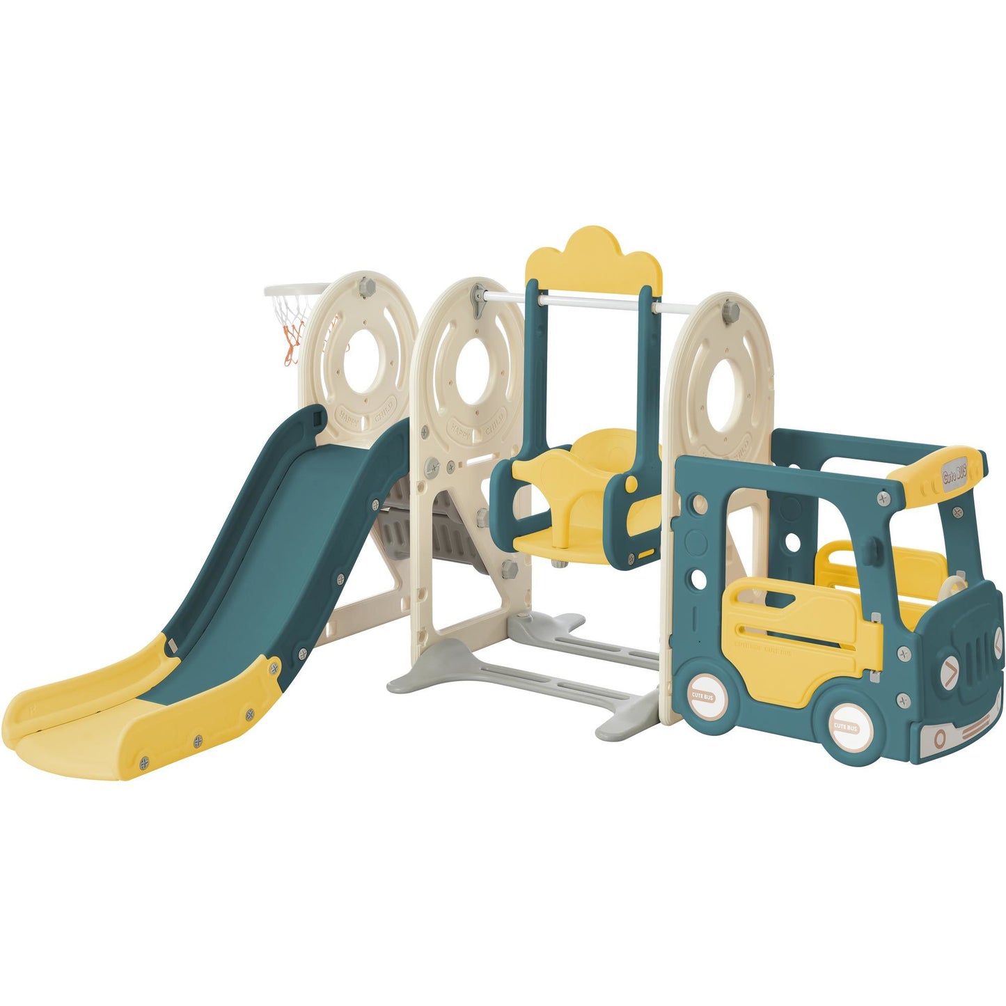 Swing-N-Slide with Bus Activity 4:1 Play Set with Basketball Hoop for Toddler (4 Colors)