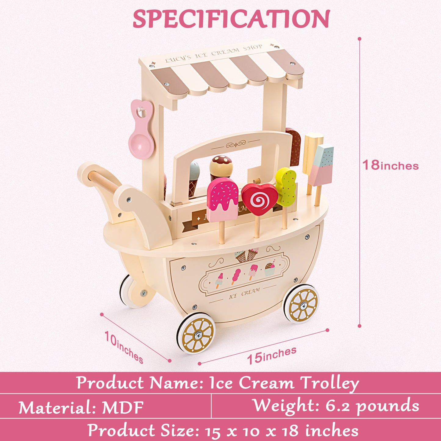 Wooden Ice Cream Cart Toy Playset for Toddlers