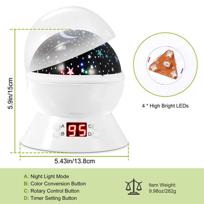 Star Moon Sky LED Projector Night Light, Rotating, Auto Shut-Off