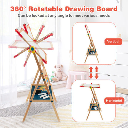 Art Easel for Kids, Double Sided, Wooden Rotating Blackboard and Whiteboard