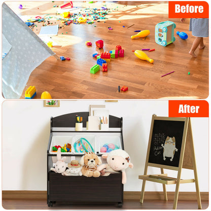 Kids Wooden Rolling Toy Storage and Organizer with Plastic Bins