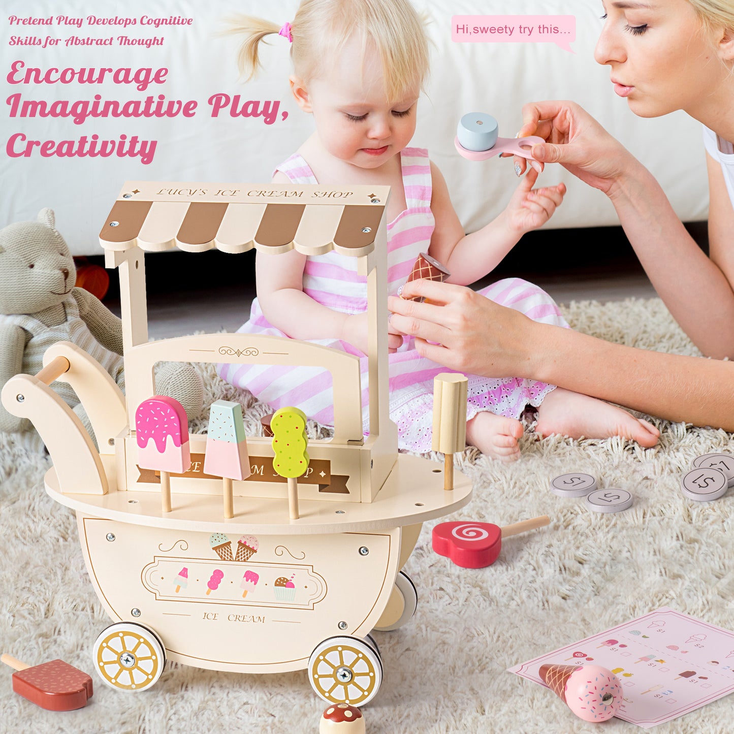 Wooden Ice Cream Cart Toy Playset for Toddlers