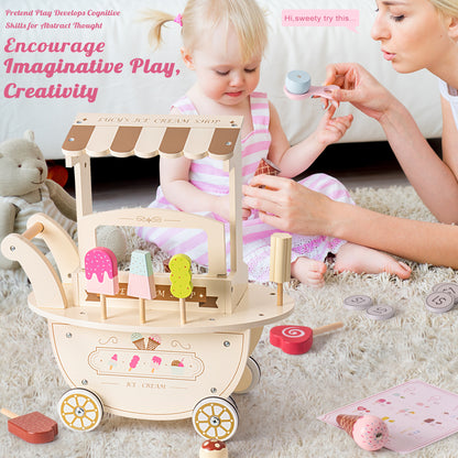 Wooden Ice Cream Cart Toy Playset for Toddlers