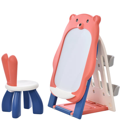 Kids Folding Bear Art Easel, Adjustable with Stool and Bookshelf