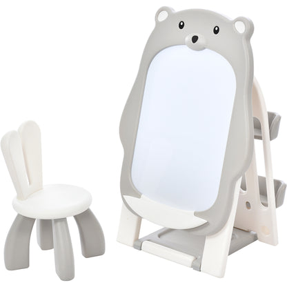 Kids Folding Bear Art Easel, Adjustable with Stool and Bookshelf