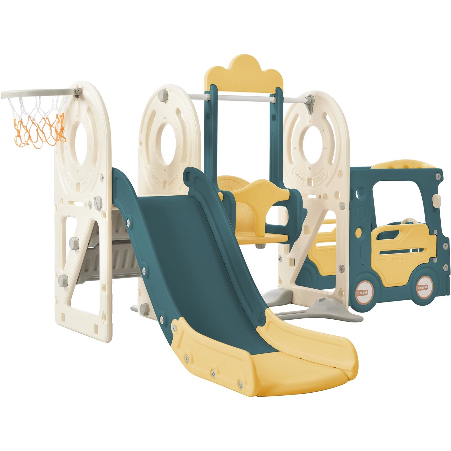 Swing-N-Slide with Bus Activity 4:1 Play Set with Basketball Hoop for Toddler (4 Colors)