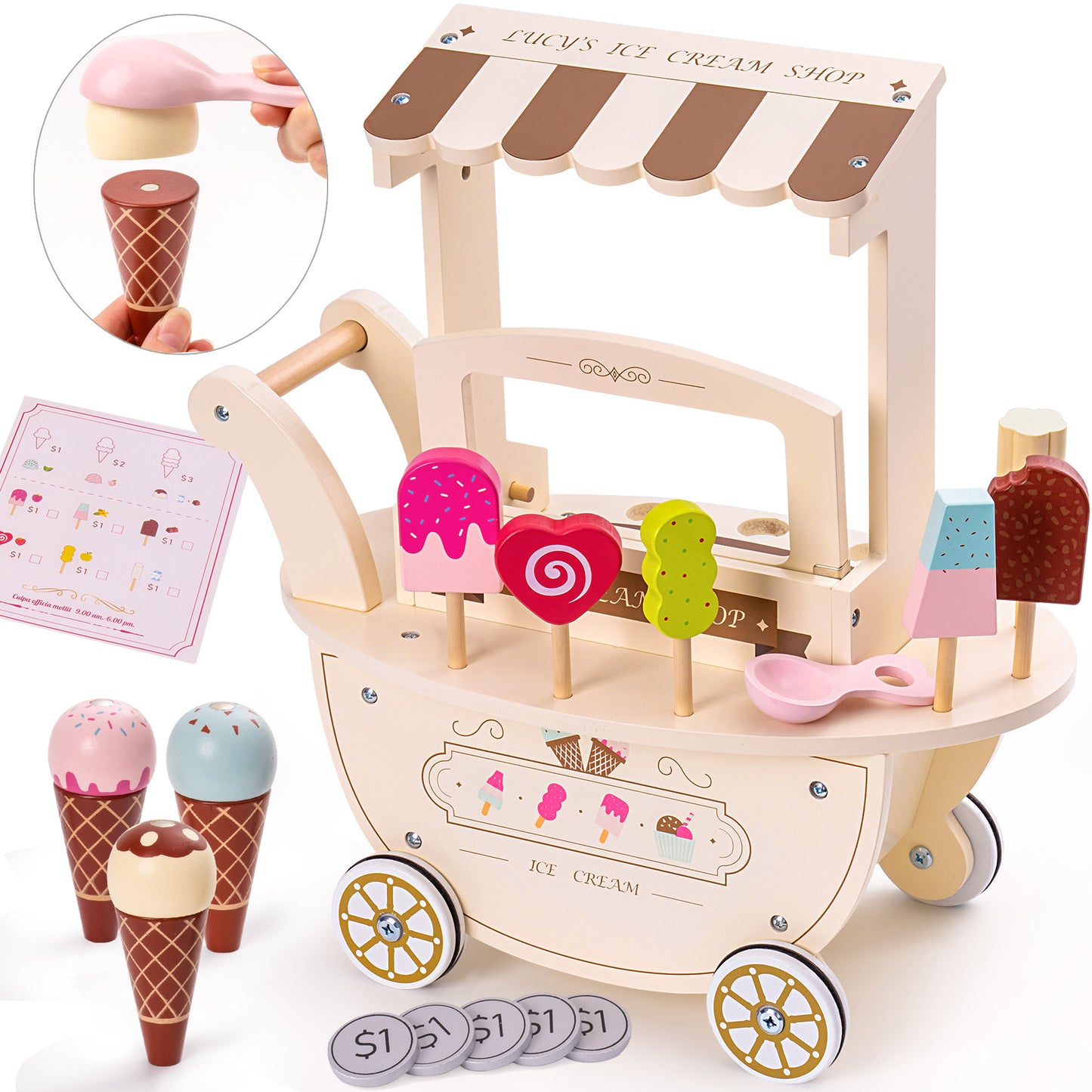 Wooden Ice Cream Cart Toy Playset for Toddlers