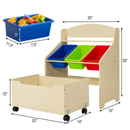 Kids Wooden Rolling Toy Storage and Organizer with Plastic Bins