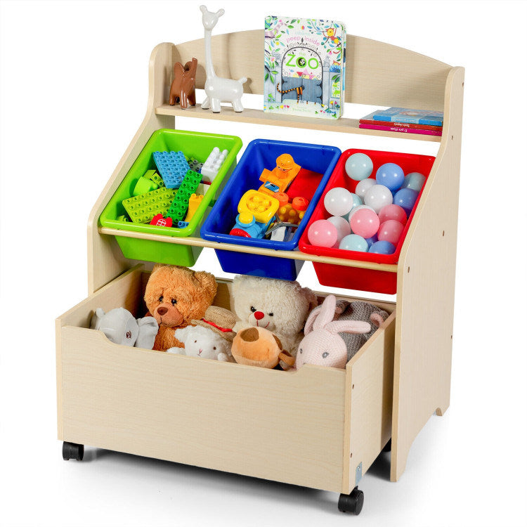 Kids Wooden Rolling Toy Storage and Organizer with Plastic Bins