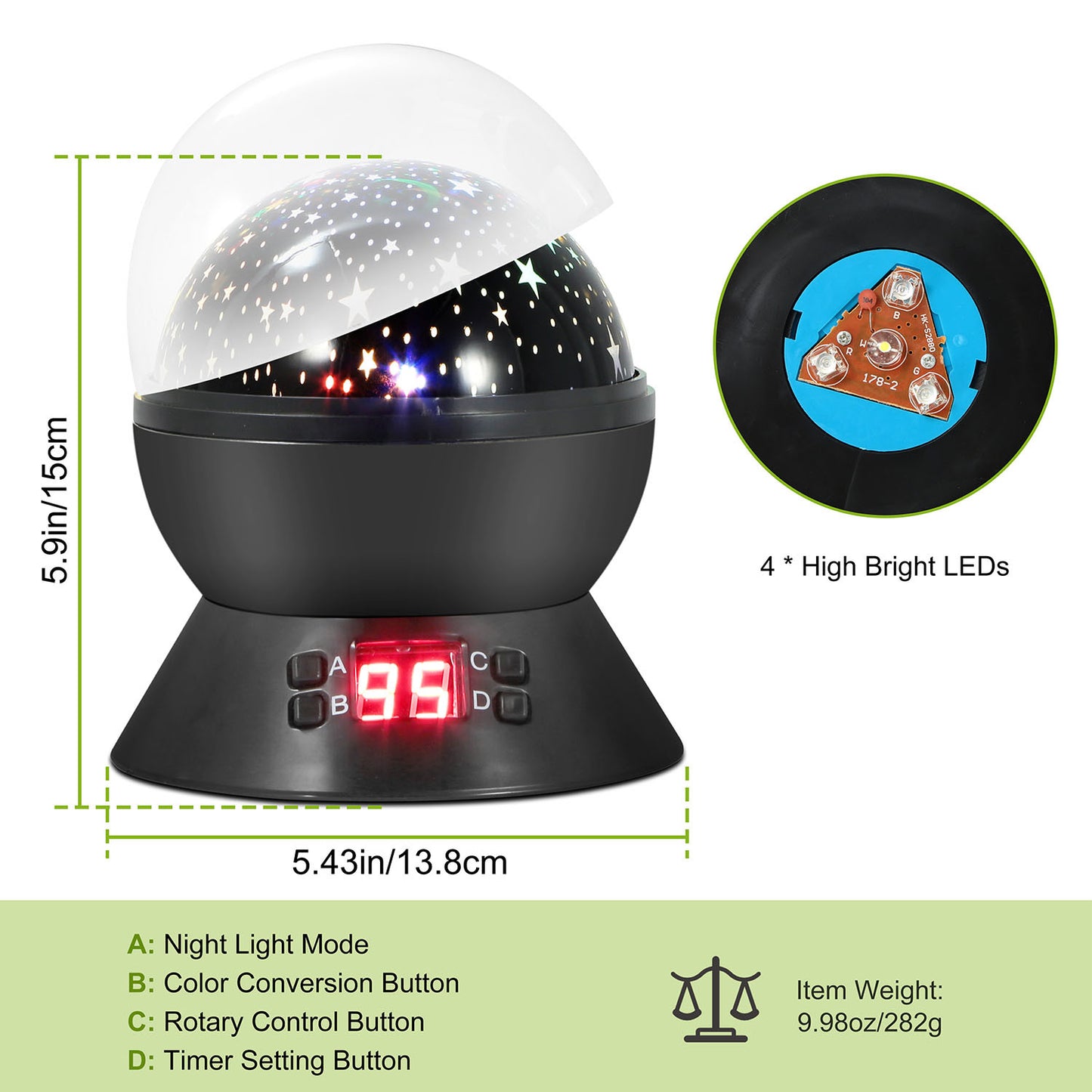 Star Moon Sky LED Projector Night Light, Rotating, Auto Shut-Off