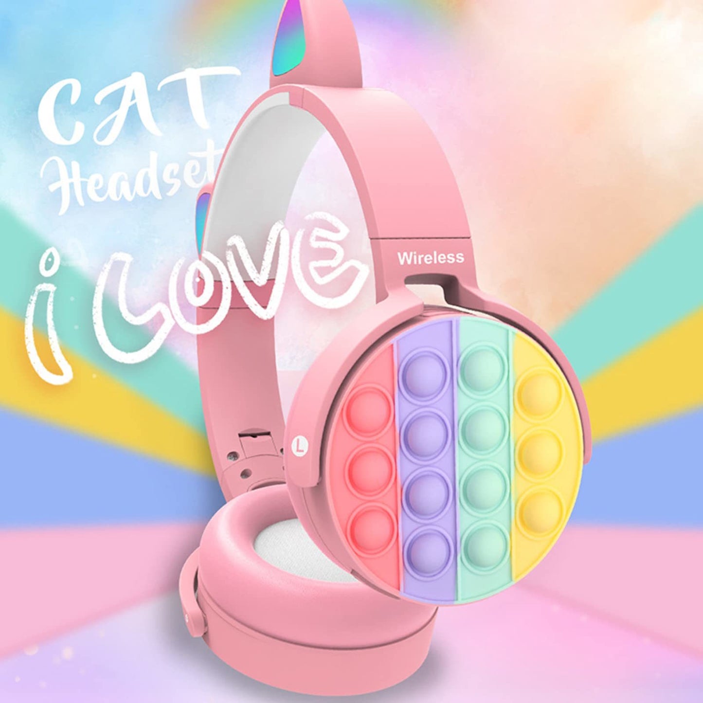 Pop Fidget Rainbow Cat Ear Wireless Bluetooth Headphones, Children and Adults