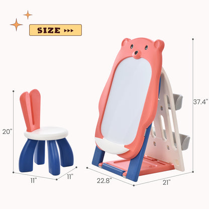 Kids Folding Bear Art Easel, Adjustable with Stool and Bookshelf