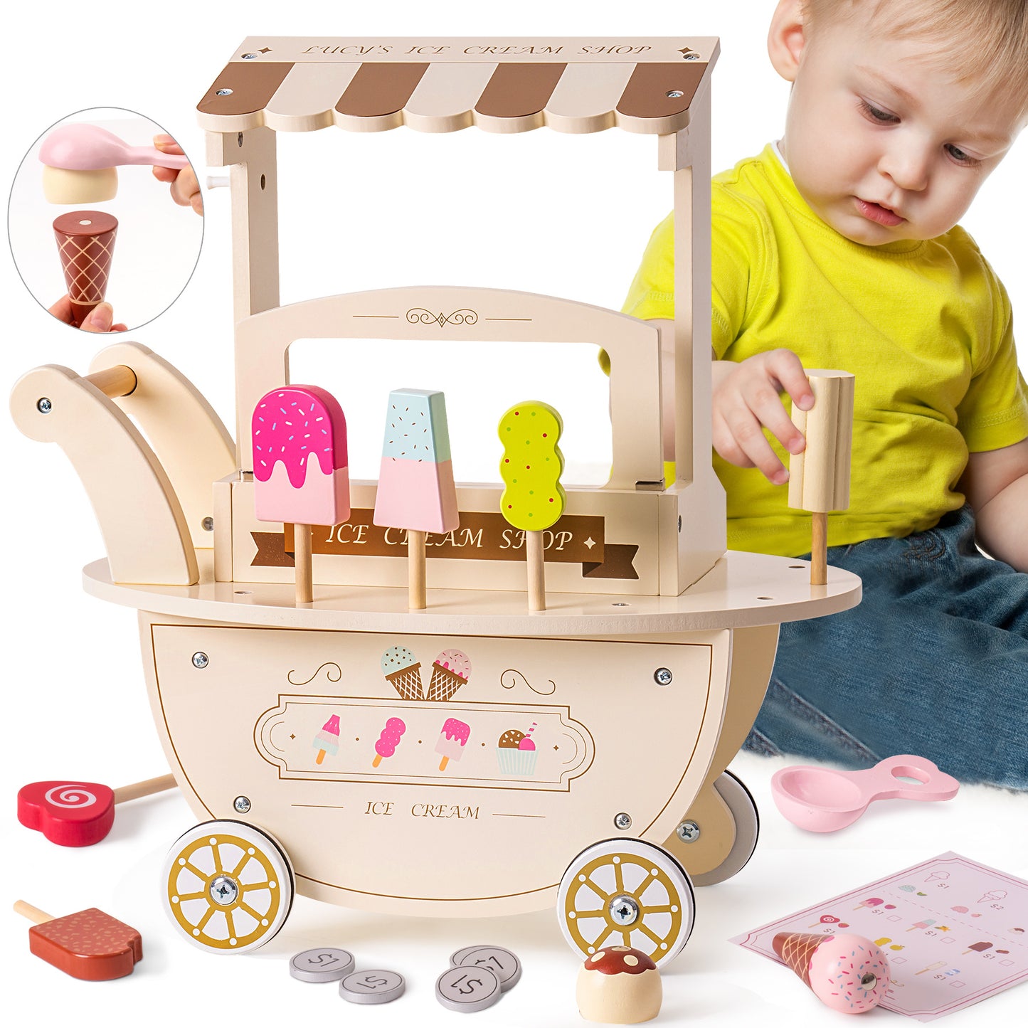 Wooden Ice Cream Cart Toy Playset for Toddlers