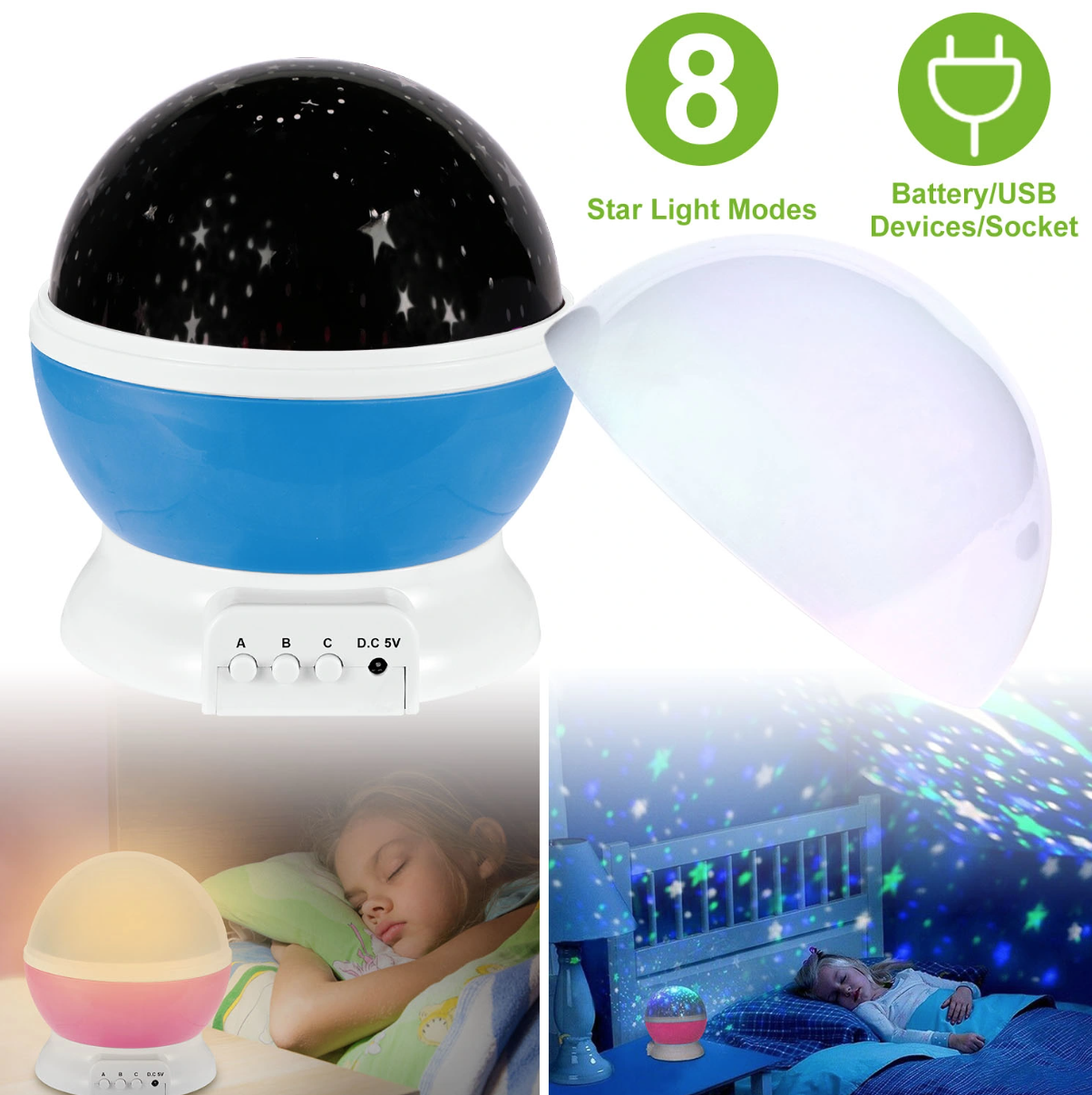 Starry Sky Walls and Ceiling Rotating LED Projector Night Light, Blue and Pink