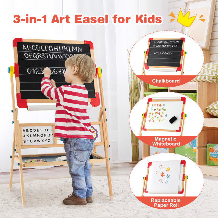 Art Easel for Kids, Double Sided, Wooden Rotating Blackboard and Whiteboard