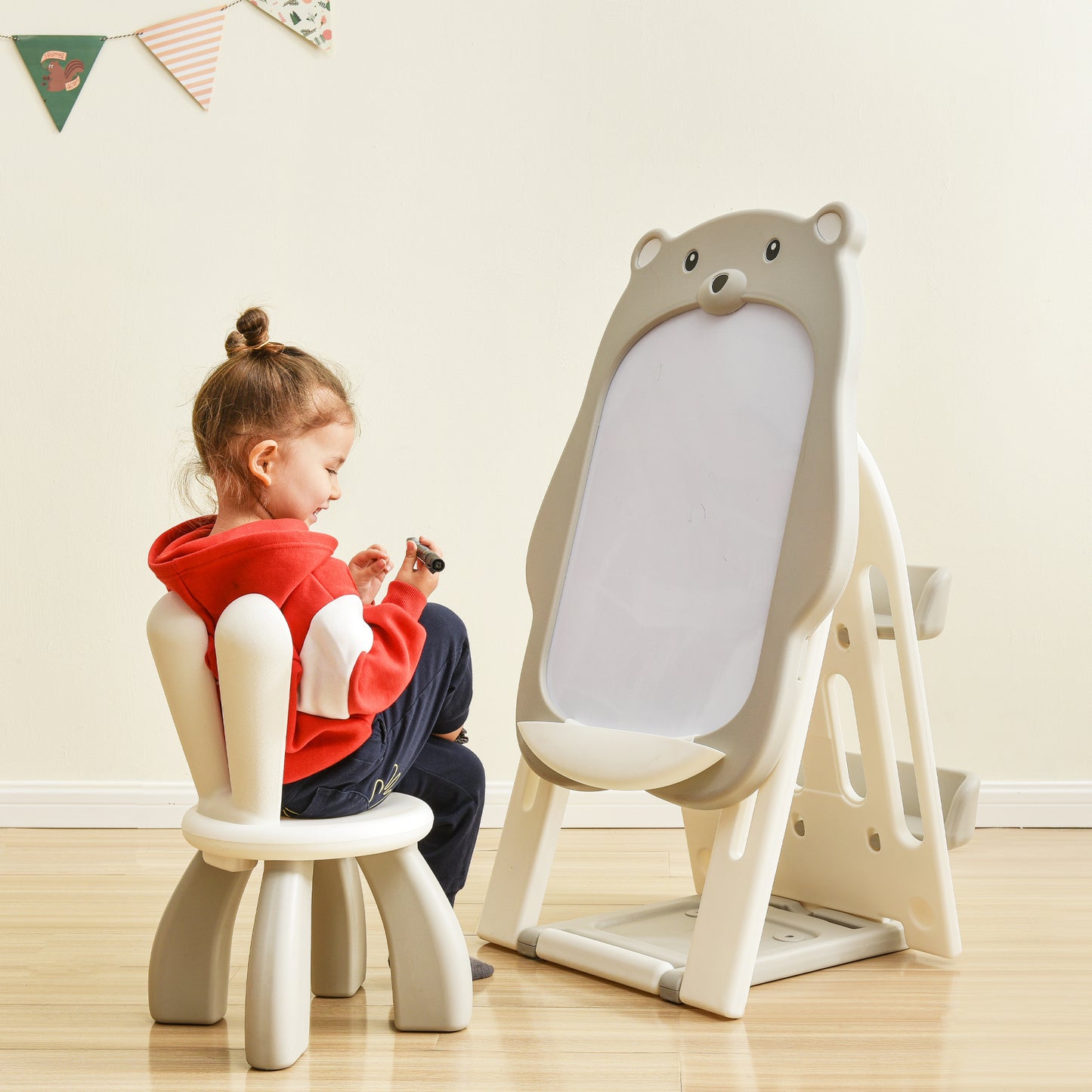 Kids Folding Bear Art Easel, Adjustable with Stool and Bookshelf