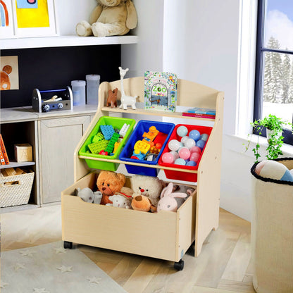 Kids Wooden Rolling Toy Storage and Organizer with Plastic Bins