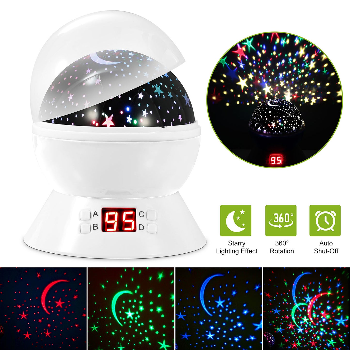 Star Moon Sky LED Projector Night Light, Rotating, Auto Shut-Off