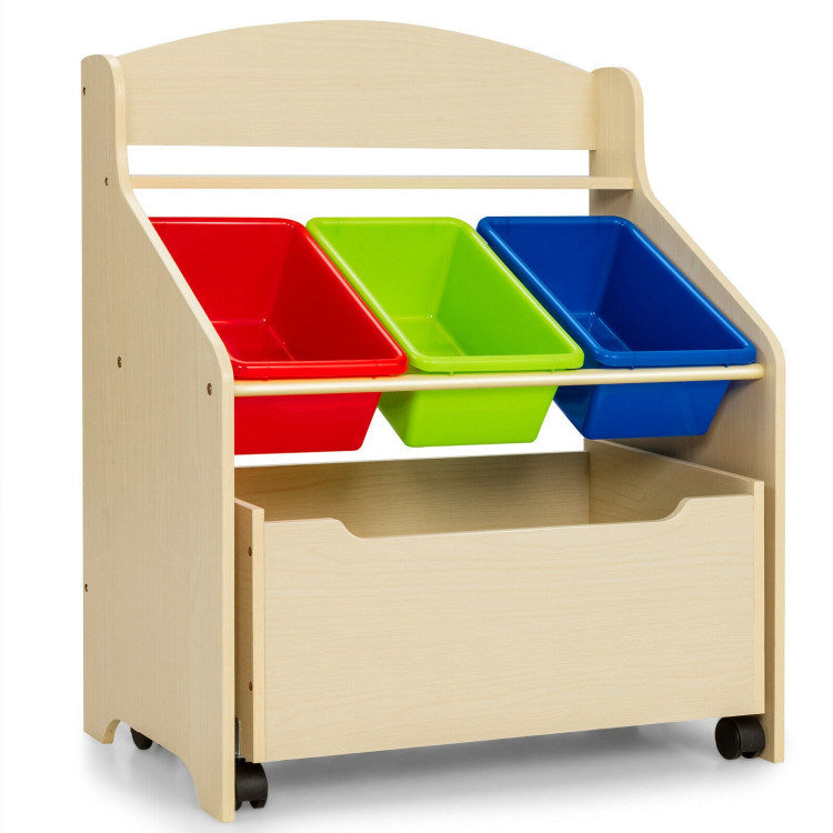 Kids Wooden Rolling Toy Storage and Organizer with Plastic Bins