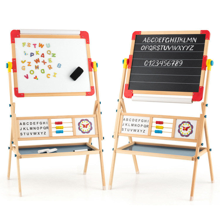 Art Easel for Kids, Double Sided, Wooden Rotating Blackboard and Whiteboard