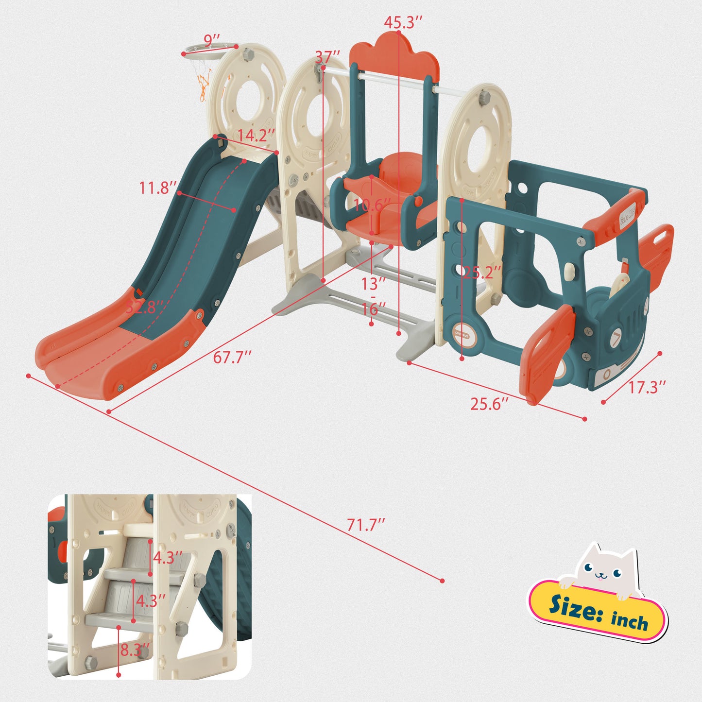 Swing-N-Slide with Bus Activity 4:1 Play Set with Basketball Hoop for Toddler (4 Colors)