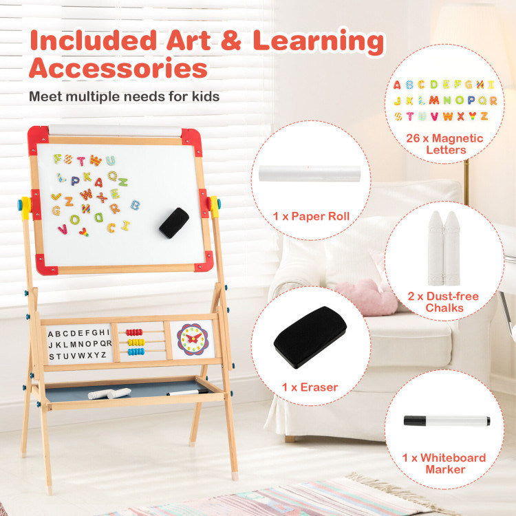 Art Easel for Kids, Double Sided, Wooden Rotating Blackboard and Whiteboard