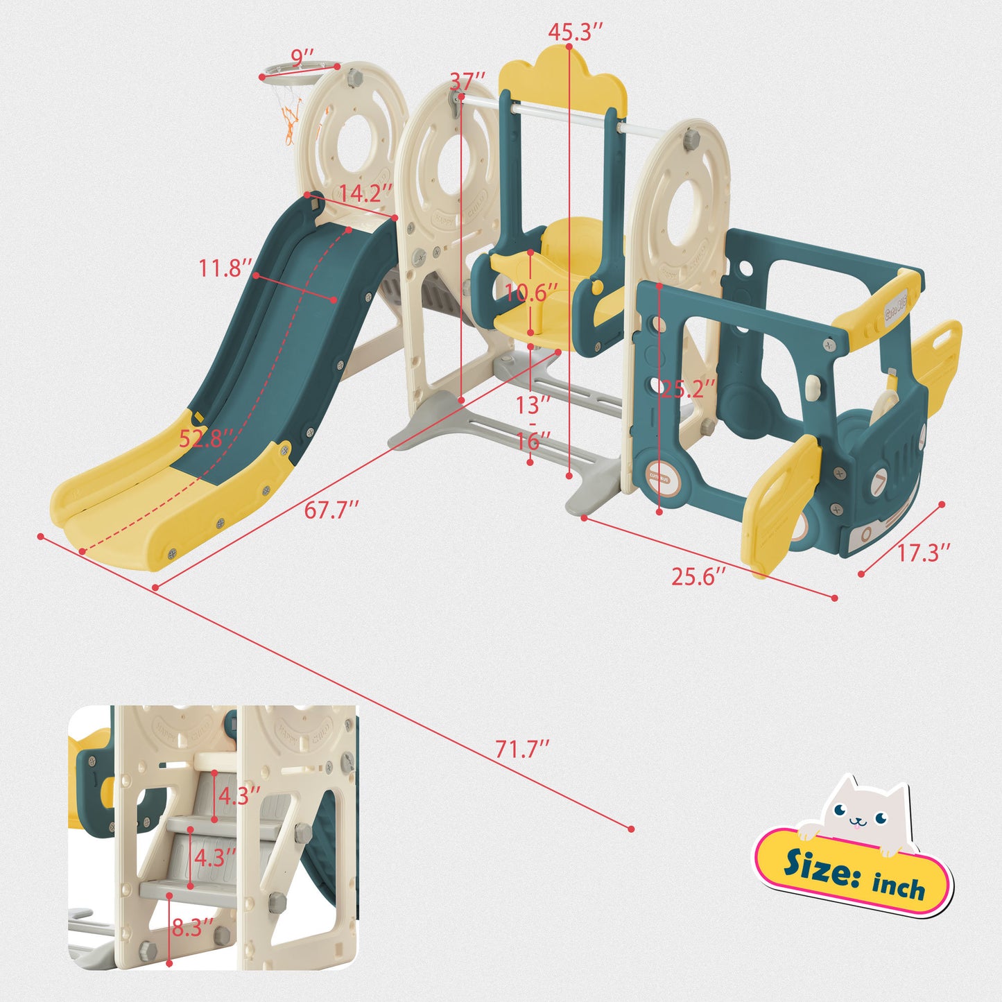 Swing-N-Slide with Bus Activity 4:1 Play Set with Basketball Hoop for Toddler (4 Colors)