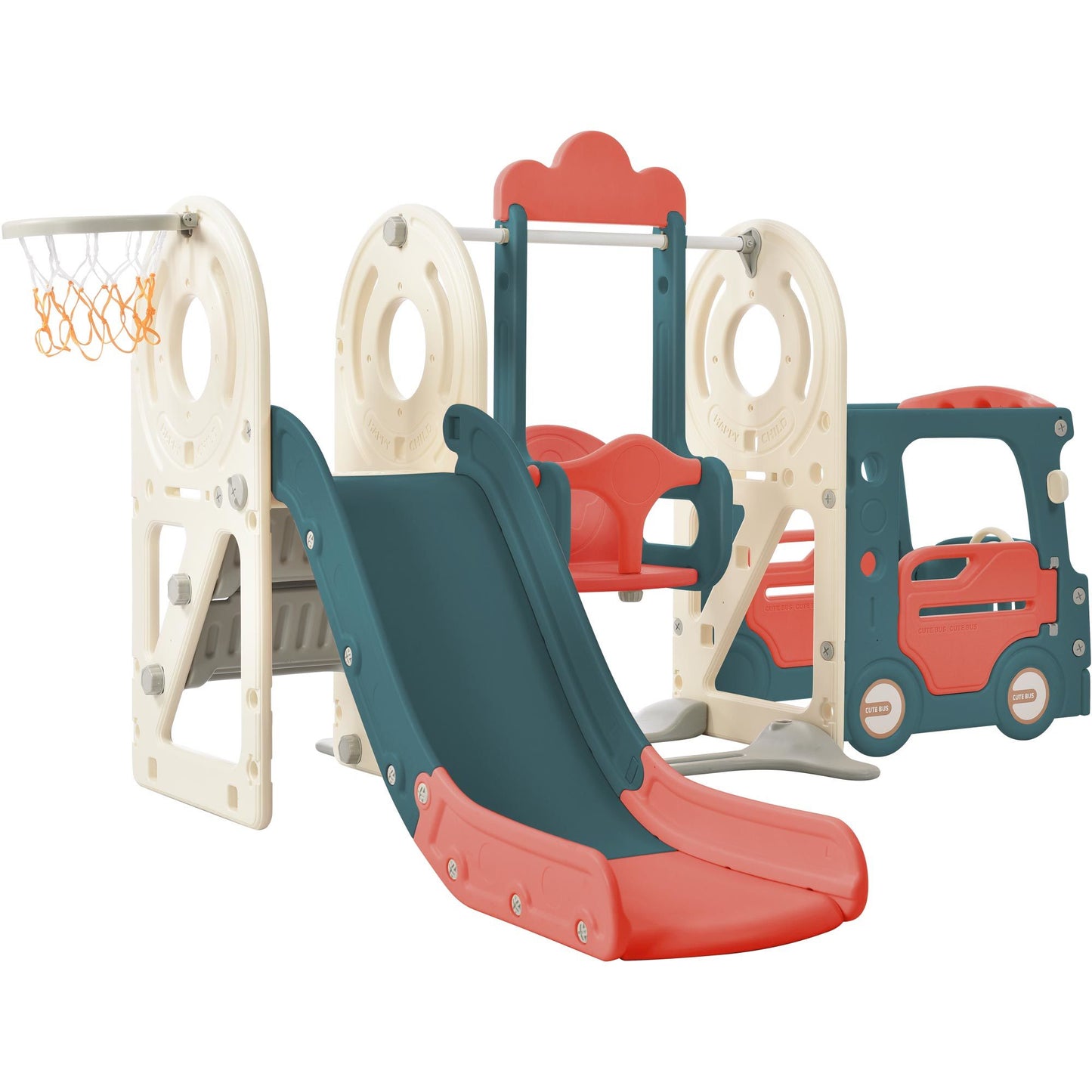 Swing-N-Slide with Bus Activity 4:1 Play Set with Basketball Hoop for Toddler (4 Colors)