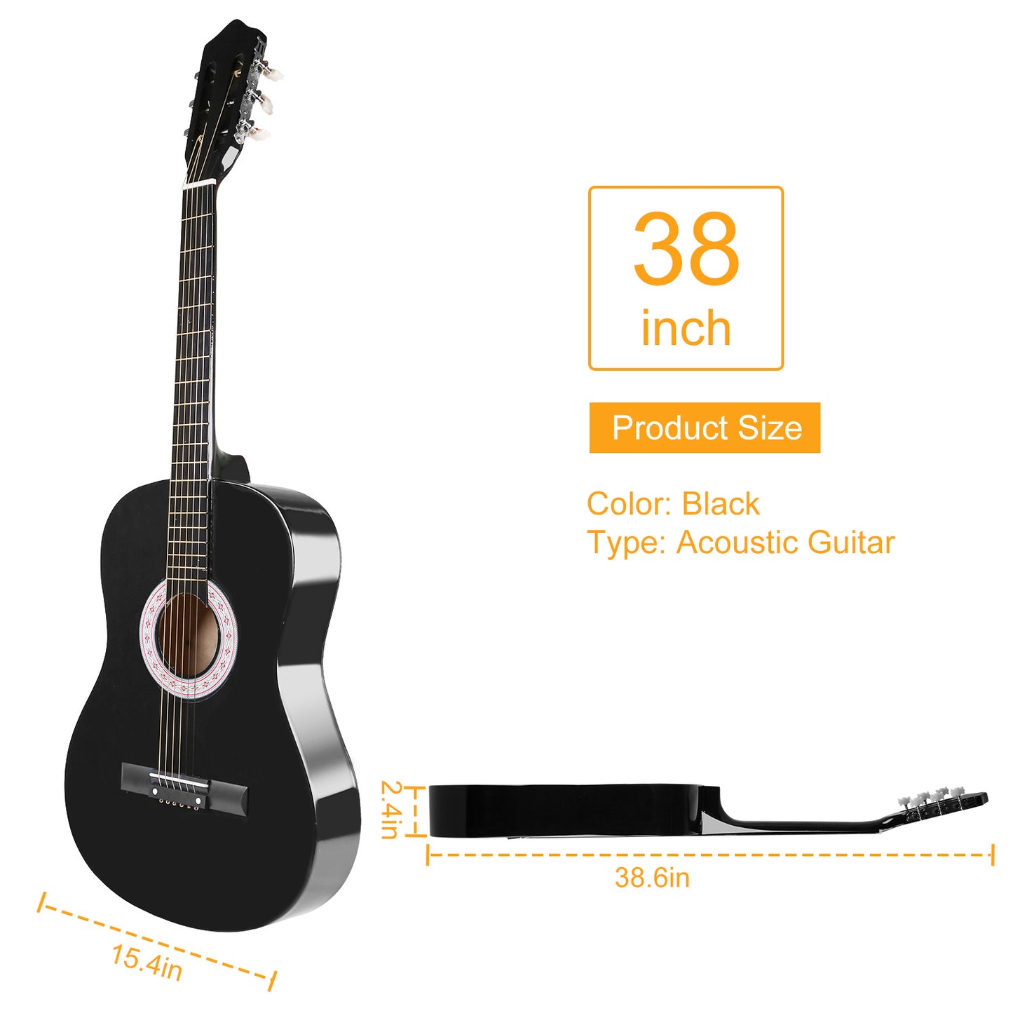 Six String Acoustic Steel Guitar Beginner with Guitar Bag, Black